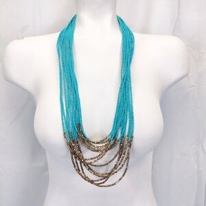 Long Multi Strand Turquoise Blue Glass Bead Necklace w/ Metallic Accents